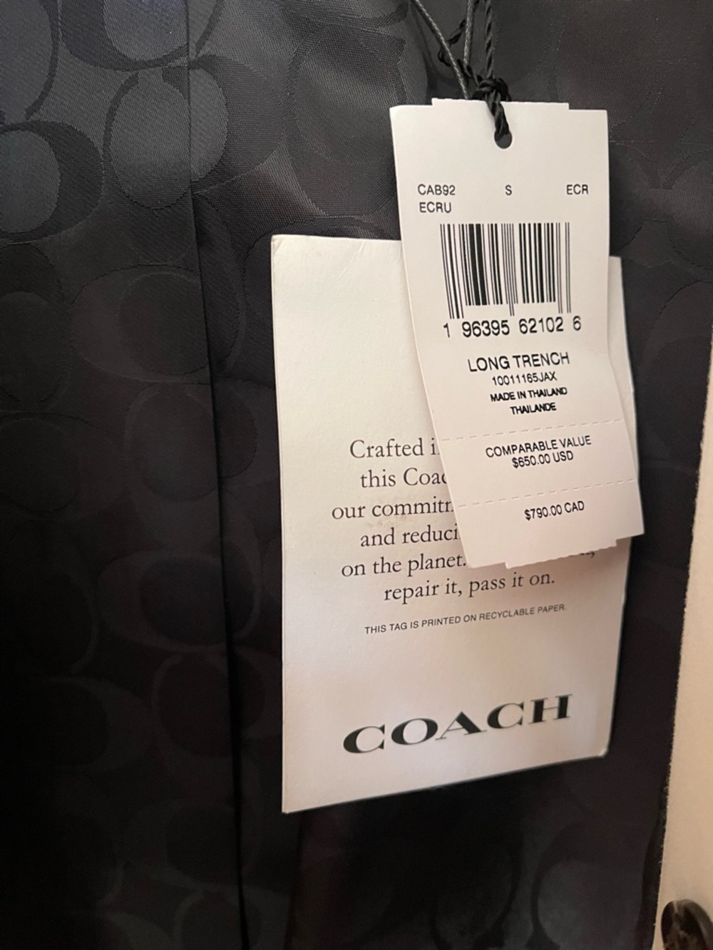 COACH Trench Classic Ivory with Black Buttons size S NWT - Picture 8 of 8